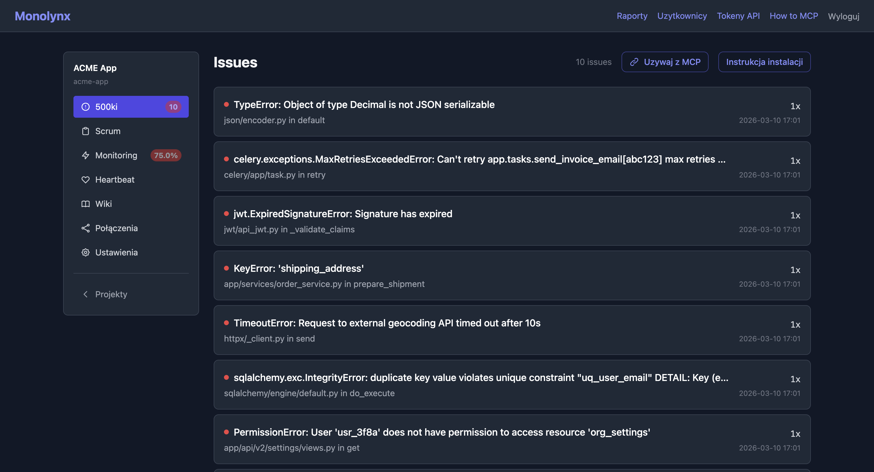 Issue list with occurrence counts and status