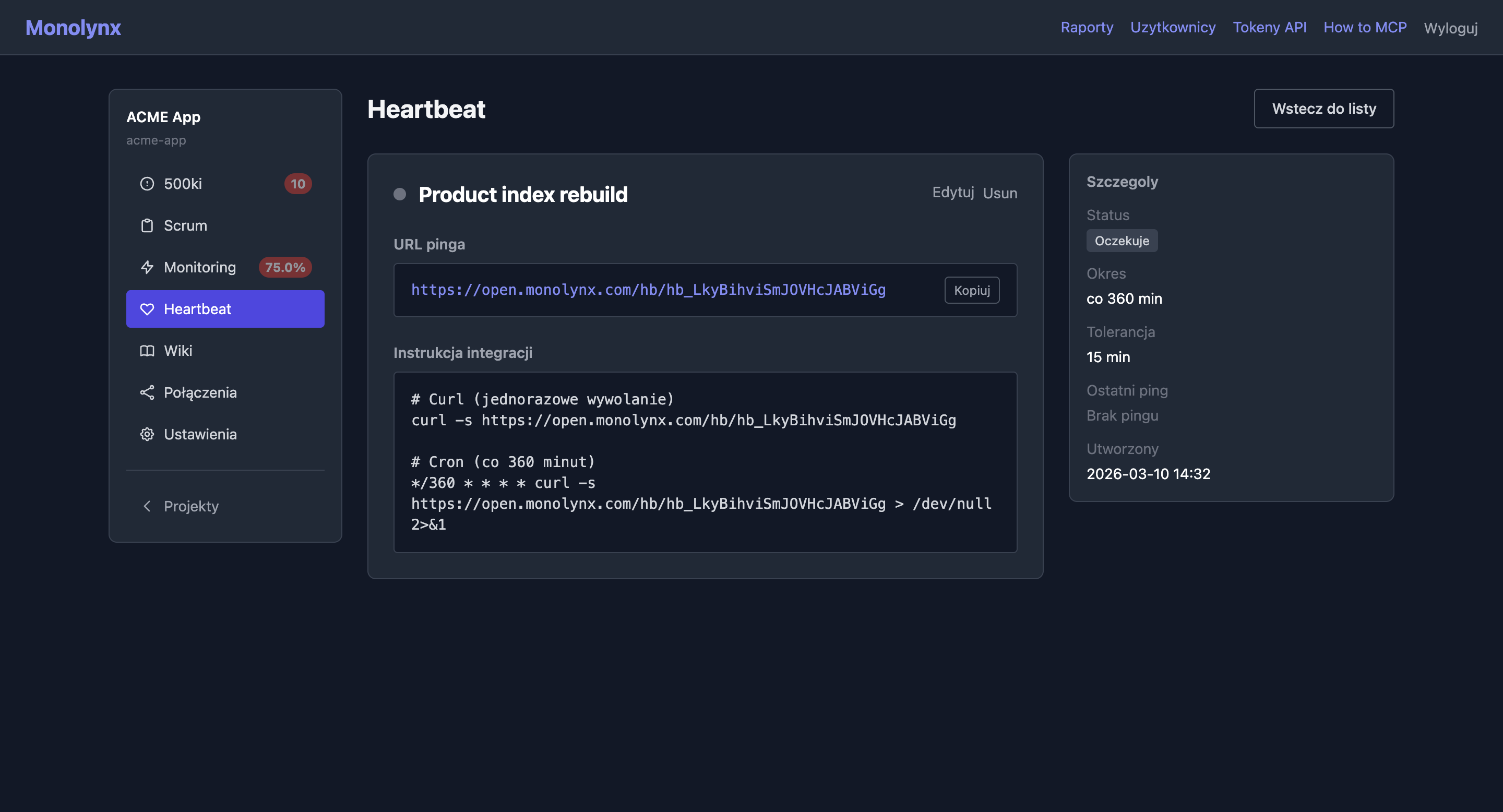 Heartbeat details with ping URL and cURL + cron integration instructions
