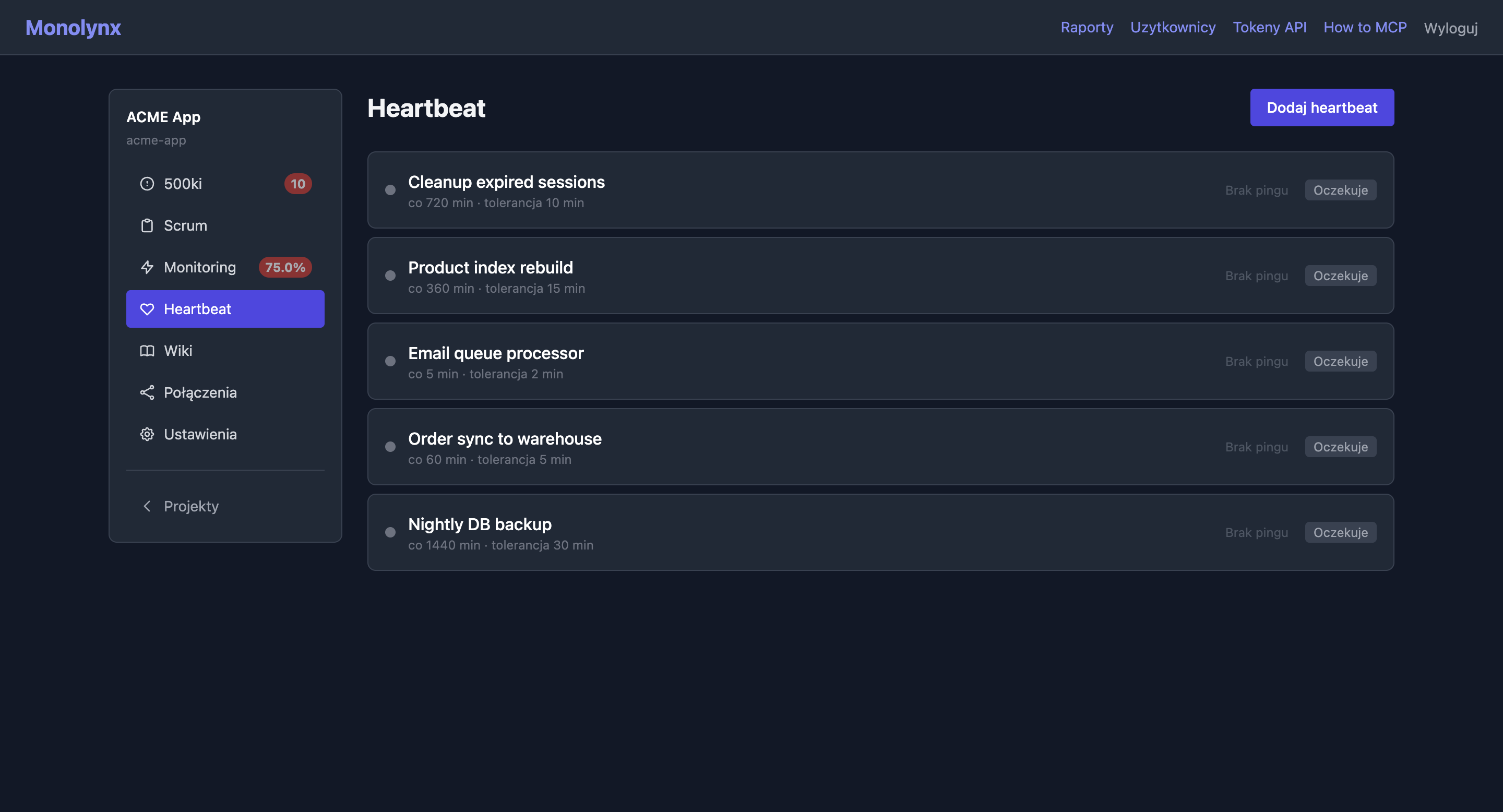 Heartbeat list with colored status dots (green/red/gray)