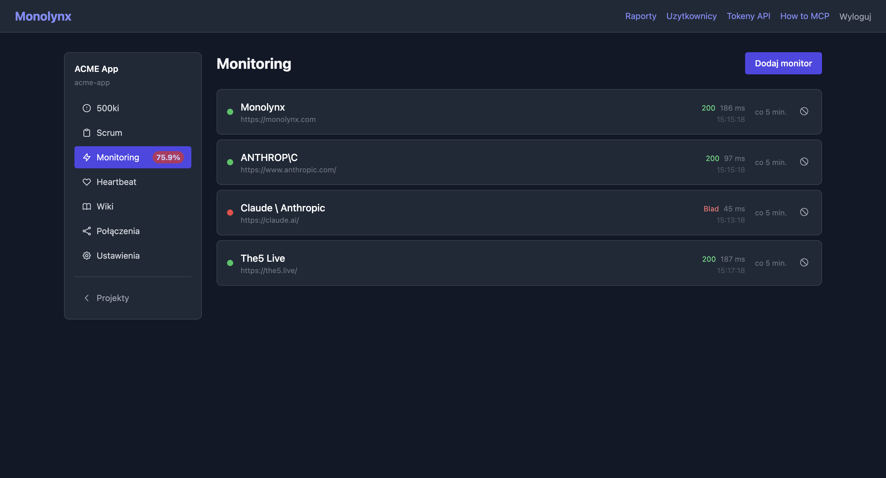 Monitor list with colored status indicators and uptime percentage