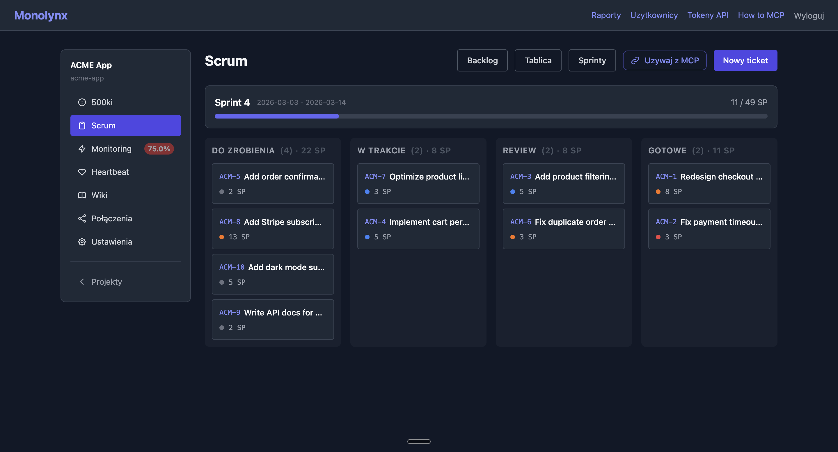 Kanban board with columns: Todo, In Progress, Review, Done